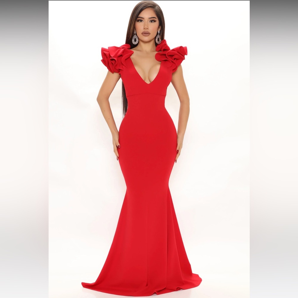 Fashion Nova Chic Maxi Dress Red Size XS ruffle sleeve mermaid fit NWT